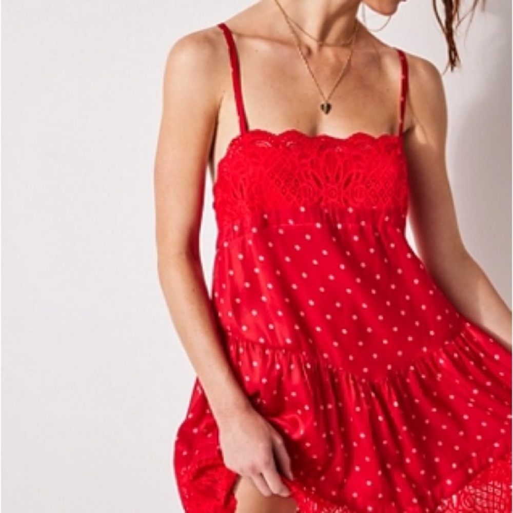 Free People City Wanders Trapeze Slip Red Lace Trimmed Dress